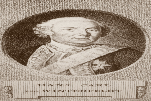 Schwarzes und weißes Portr├Ąt von Hans Carl von Winterfeldt mit ernstem Gesichtsausdruck und Text unten.