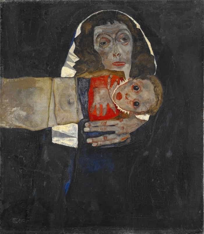 Gem├Ąlde mit dem Titel "Mutter und Kind" von Egon Schiele zeigt eine Frau in einem wei├čem Kleid, die ein Baby gegen einen schwarzen Hintergrund h├Ąlt.