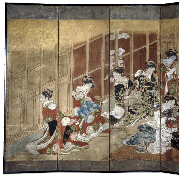 Ein japanisches Vier-Paneel-Bild aus der Meiji-Zeit, das einen Kreis von Frauen in leuchtenden Kimonos vor einem tiefblauen Hintergrund zeigt, wobei eine Frau in der Mitte die Arme ausbreitet.