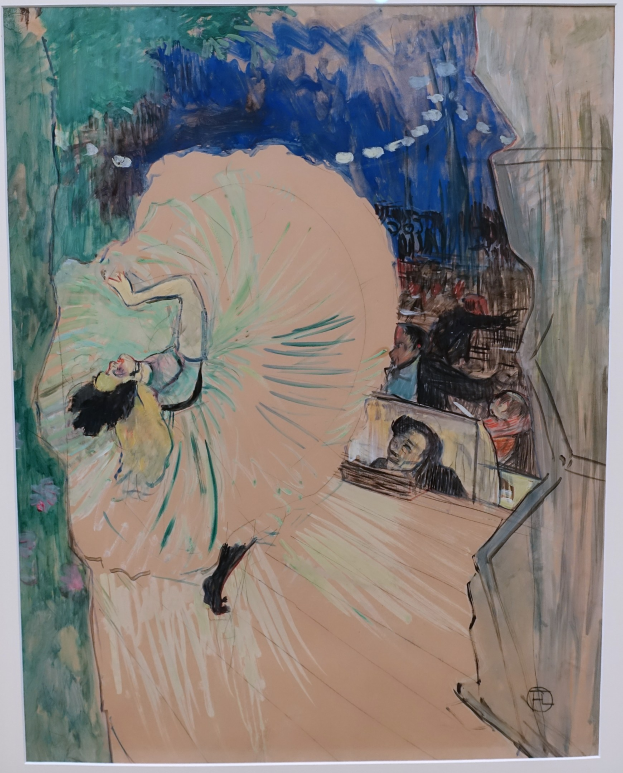 Gemälde 'Tanz an der Oper' von Edgar Degas zeigt eine Frau in einem grünen Kleid auf der Bühne tanzend mit sichtbaren Pinselstrichen und leuchtenden Farben.