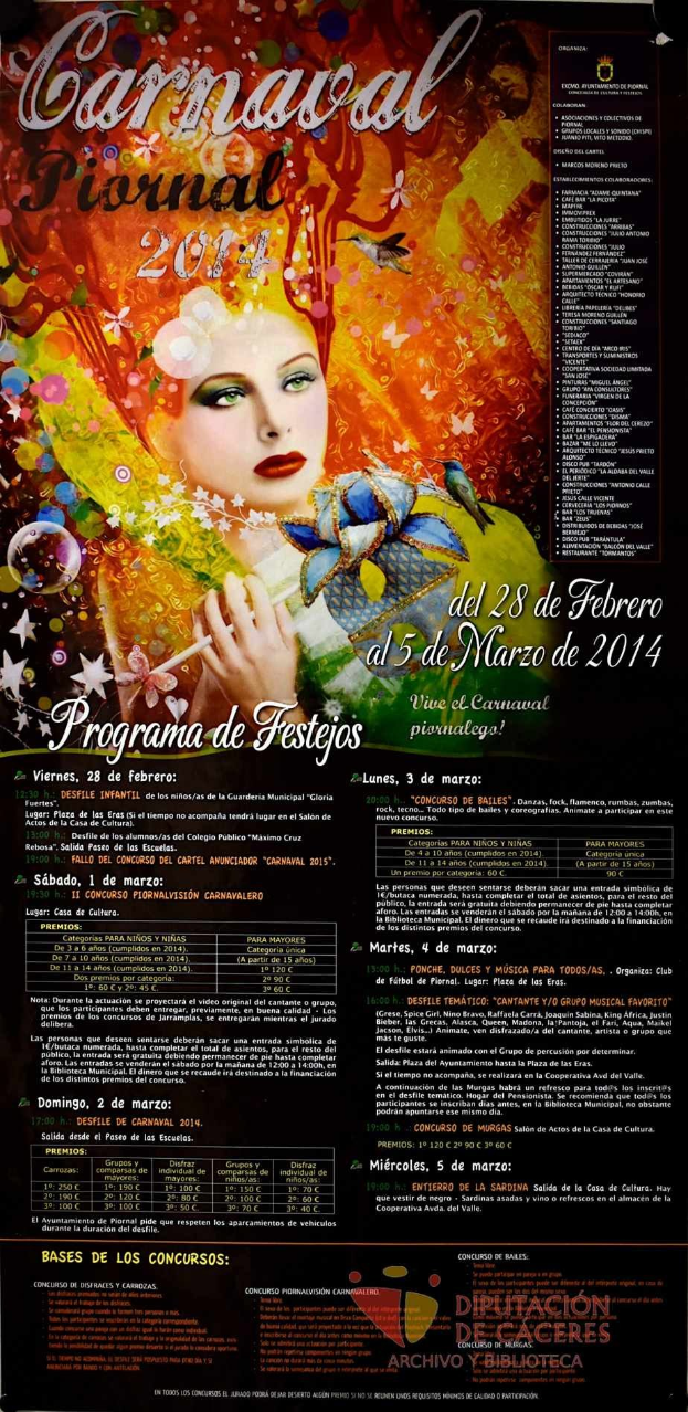 Plakat für das Karnevalsfest 2014 mit einer lachenden Frau in einem bunten Kleid auf einem leuchtenden gelben Hintergrund, umgeben von fettem schwarzem Text.