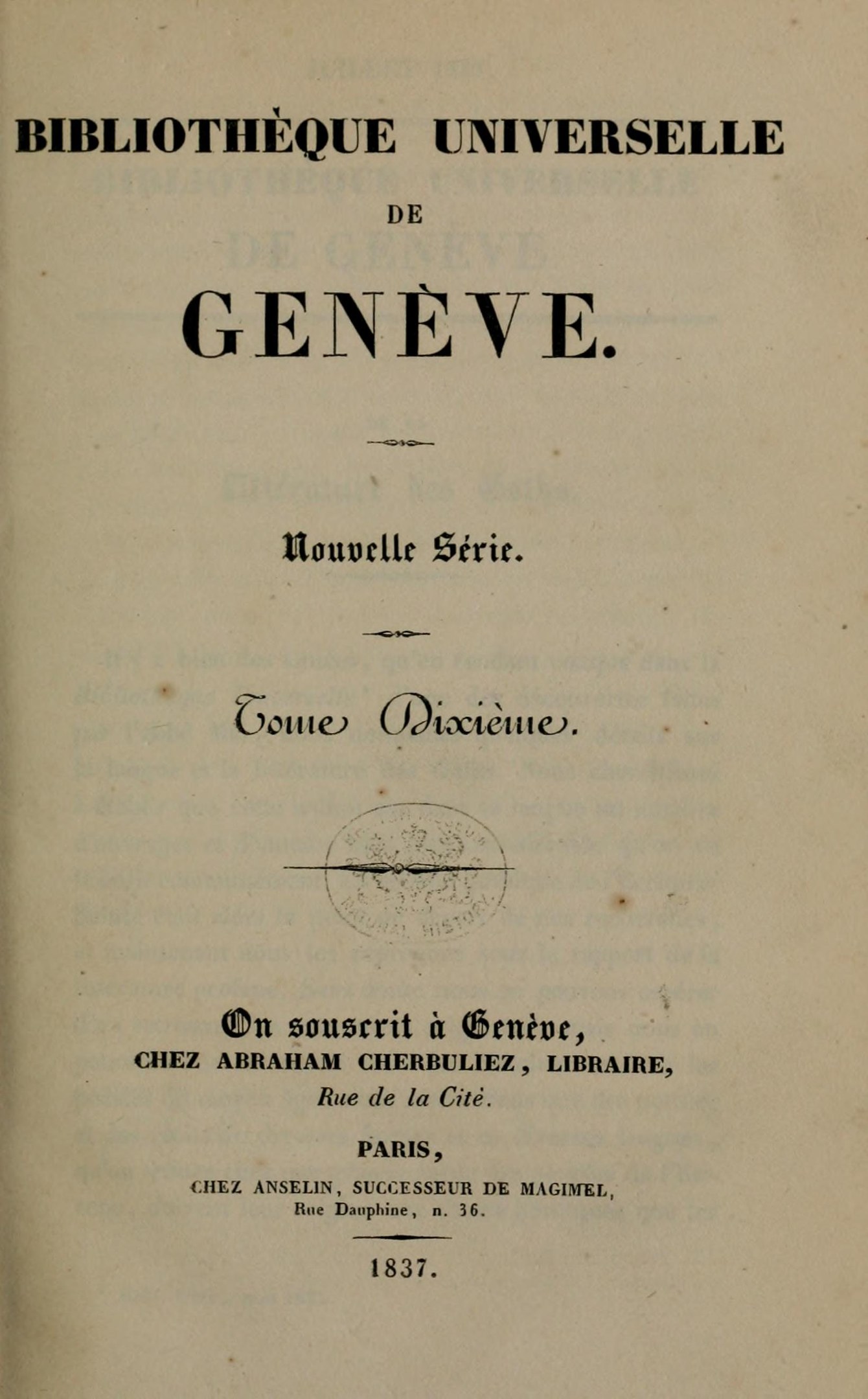 Altes Buch mit dem Titel 'Bibliothèque Universelle de Geneve' offen, um Text im Inneren zu zeigen.