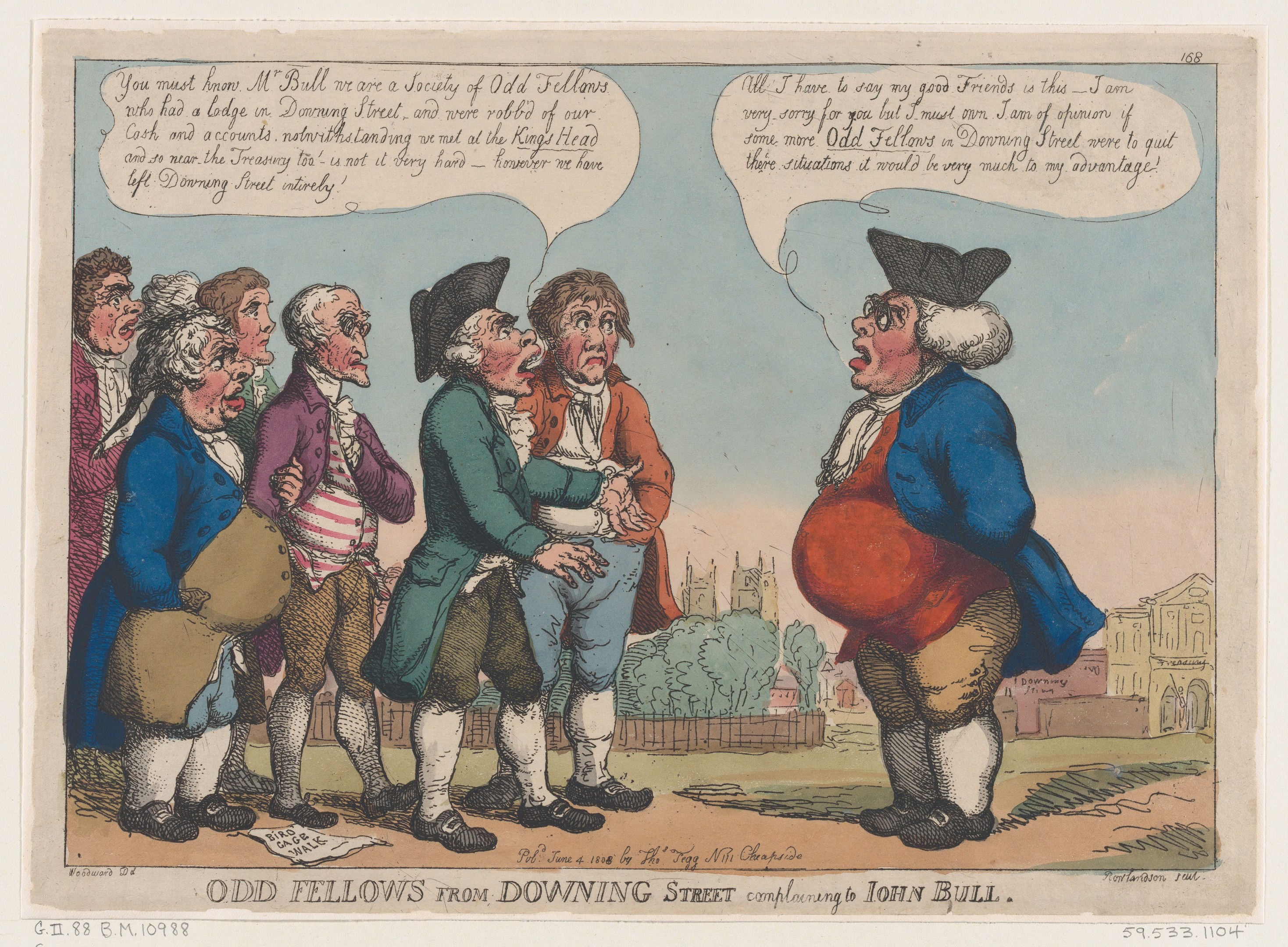 Zeichnung auf Papier, die eine Gruppe von Menschen vor einem Gebäude, Bäumen und Himmel zeigt, mit Text unten: 'Beschweren sich die seltsamen Gesellen aus Downing Street bei John Bull'.