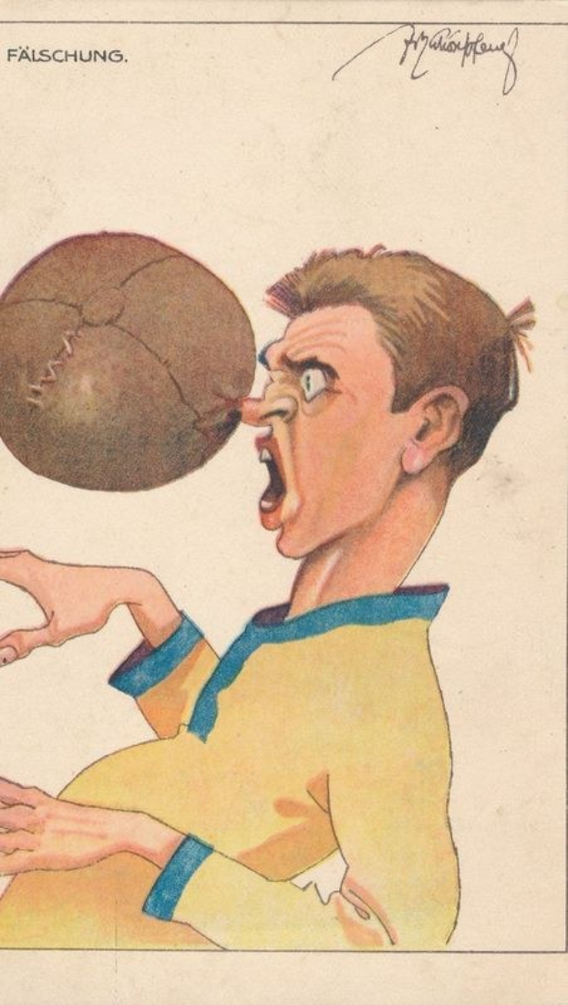Cartoon-Postkarte mit einem Mann in gelb-blauem T-Shirt, der einen Fußball im Mund hält und einen verschmitzten Ausdruck hat.