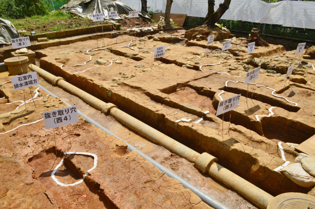 Ein großer Aushub mit Erde, Bäumen, Pflanzen, Gras, einem Zaun, einer Abdeckung, einer Wand, Schildern mit Text, Rohren und anderen verstreuten Gegenständen.