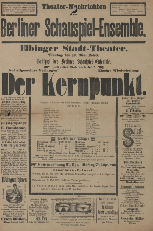 Schwarz-weiß-Anzeige in einer Berliner Zeitung für das Berliner Schauspiel-Ensemble mit einem Mann im Anzug und Krawatte, mit Text, der das Ereignis beschreibt.