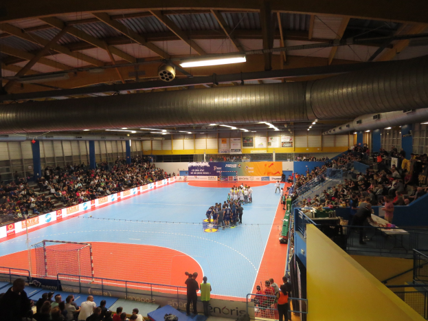 Großer Hallenstadium mit Zuschauern bei einem Handballspiel, mit sitzenden und stehenden Zuschauern, einem Netz auf der linken Seite, Texttafeln im Hintergrund und Deckenbeleuchtung und Rohren.