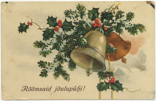 Alte Weihnachtskarte mit Stechpalme, roten Beeren und goldenen Glöckchen, mit festlichem Text, der eine fröhliche Weihnachten wünscht.