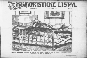 Schwarz-weiß-Zeichnung einer Person, die auf einem Bett liegt, mit einem Spiegel auf dem Nachttisch und einem gerahmten Bild an der Wand, mit tschechischem Text vom 20. April 1920.