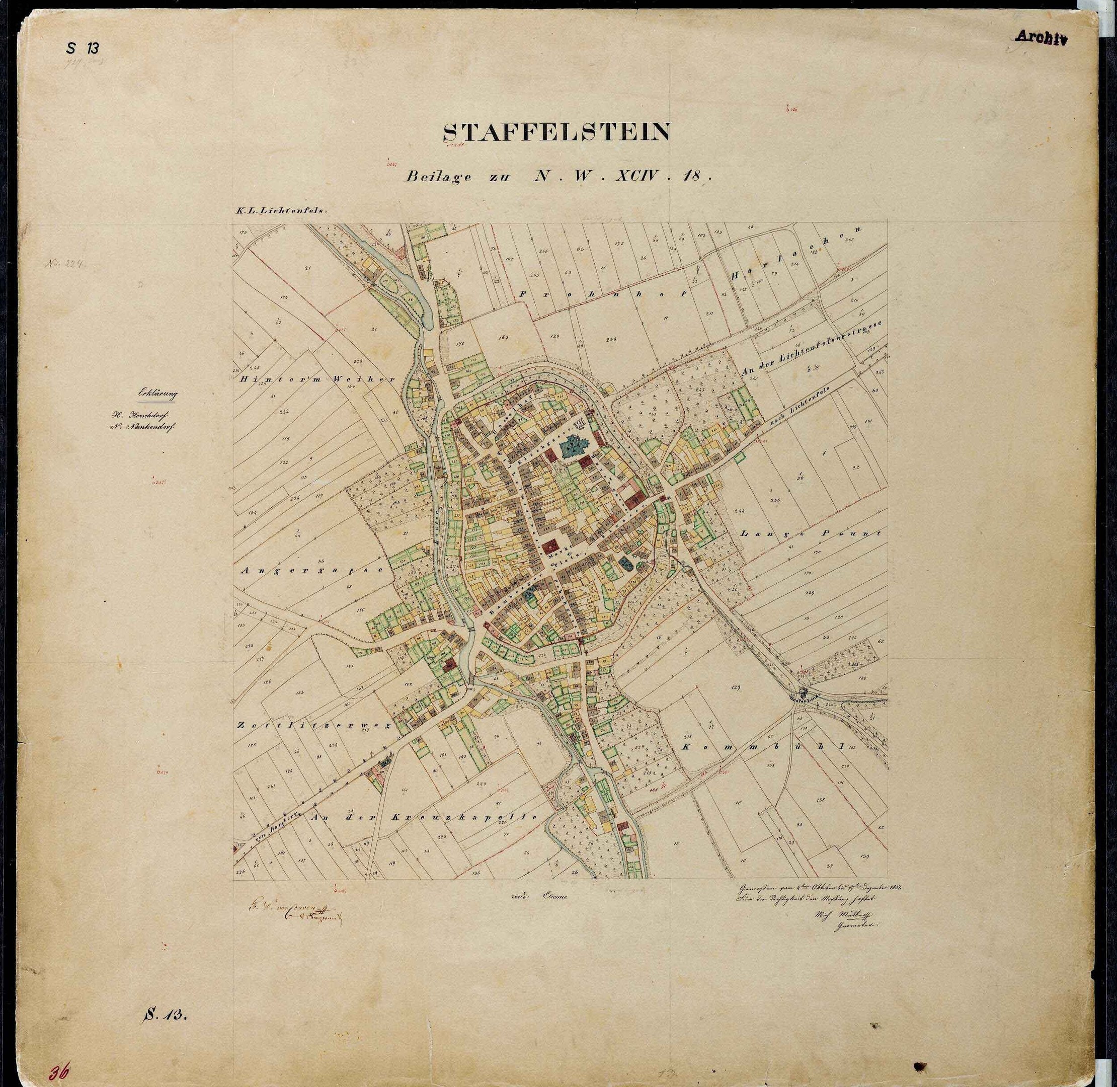 Detaillierte alte Karte von Staffelstein, Deutschland, auf schwarzem Hintergrund, die Straßen, Gebäude und Sehenswürdigkeiten zeigt.