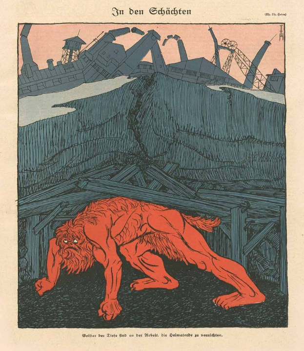 Illustration eines bedrohlichen Werwolfs in Kampfstellung vor einem rauchenden Fabrikgebäude unter einem tiefblauen Himmel, mit einem Plakat im Hintergrund, das den Werwolf und fetten Text zeigt.