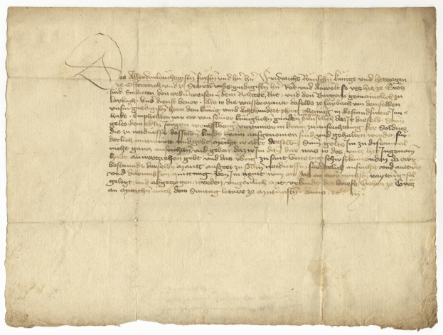 Ein vergilbtes, altes Blatt Papier mit sauberer, lesbarer Schreibschrift, das angeblich ein Brief des deutschen Finanzministers an seine Frau ist.