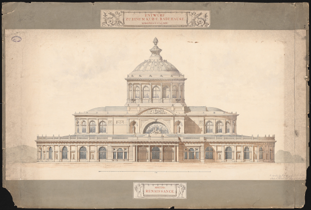 Ein detailliertes Bild des Eingangs zum Zuenem Kur-Badenhausen in Dresden, Deutschland, mit einem großen Gebäude mit einer prominenten Kuppel und Text auf dem Papier vor einem schwarzen Hintergrund.