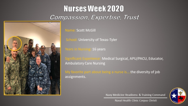 Gruppe von Menschen, die auf der linken Seite lächeln, Wand und Decke im Hintergrund; Text auf der rechten Seite lautet "Nurses Week 2020: Mitgefühl, Expertise, Vertrauen" mit einem Logo.