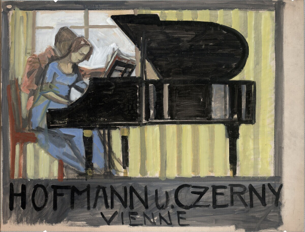 Eine Frau in einem weißen Kleid und einem blauen Schal spielt ein Klavier, ihre Augen sind konzentriert geschlossen, mit einem friedlichen Gesichtsausdruck.