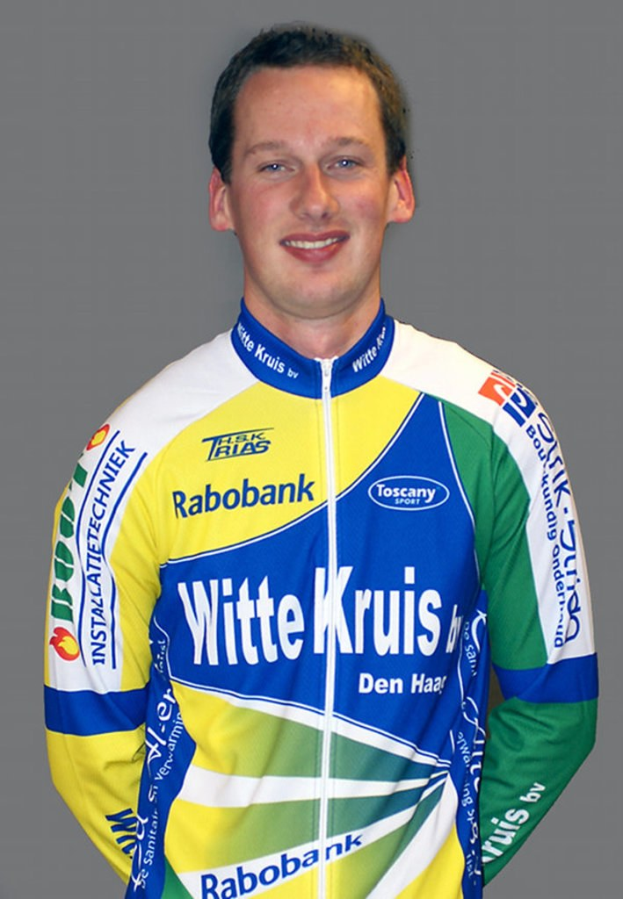 Ein männlicher Athlet, der für ein Foto posiert und dabei sichtbare Sponsorenlogos auf seinem Hemd hat.