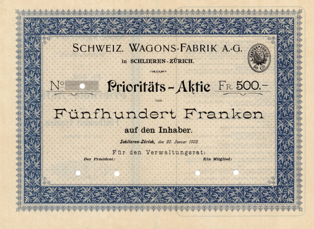 Ein altes deutsches Aktienzertifikat mit blauem Rand, auf dem der Text "Schweiz Wagons-Fabrik A.G." steht
