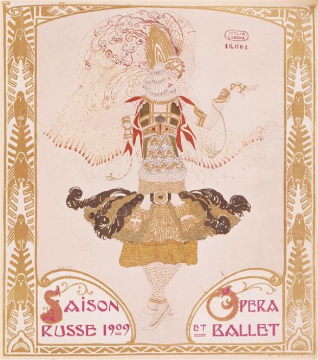 Plakat für eine 1909er Pariser Ballettvorstellung mit dem Titel "Saison Russe", das eine gemalte Figur in einer anmutigen Pose zeigt, mit "Opera et Ballet" in fetter Schrift darüber.