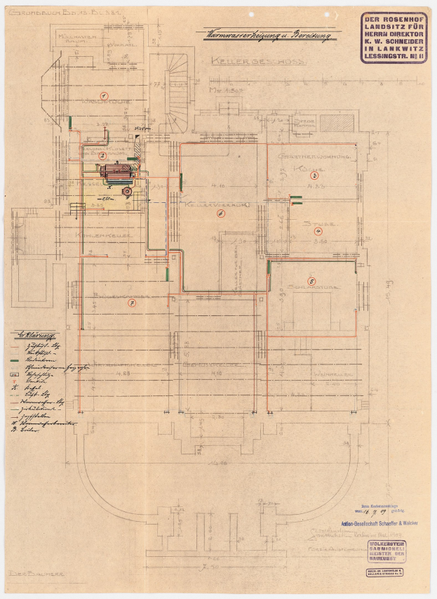 Schwarze-weiß-Zeichnung des Rosenhof-Krankenhauses in Hamburg, Deutschland, mit detaillierten Plänen mit zahlreichen Drähten und beschrifteten Zimmern, Fluren und Merkmalen auf altem Papier.