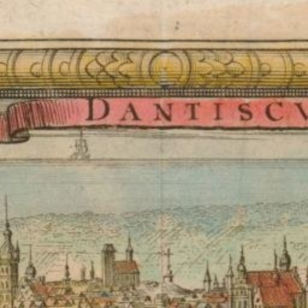 Altes Buch mit einer Stadtansicht-Illustration, das Geb├Ąude und ein Banner mit einer beschreibenden Text über die Stadt zeigt.