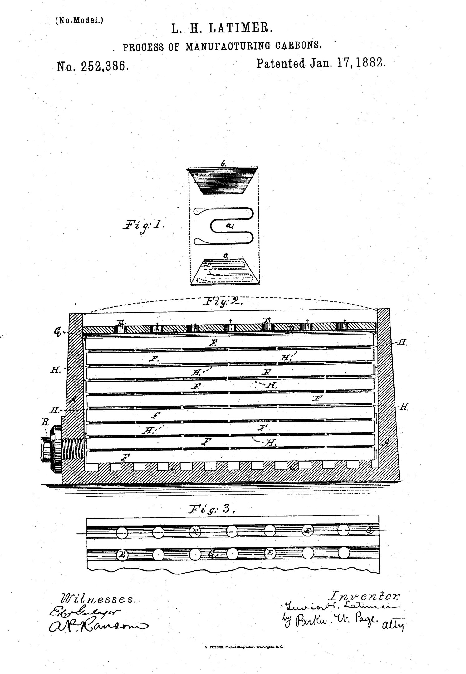 Schwarzes und weißes Patent-Zeichnung einer Maschine mit einer beschrifteten Vorrichtung, die "Prozess der Herstellung von Karbonen" (Patent Nr. 252,386) auf einem weißen Hintergrund trägt.