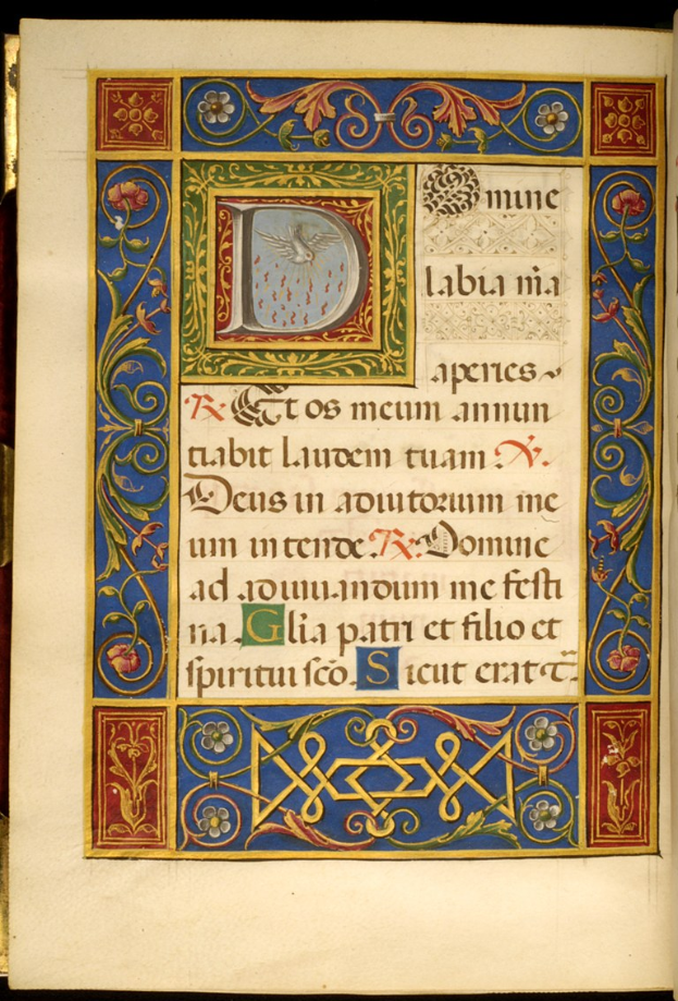 Ein offenes illuminiertes Manuskript mit einem verzierten Buchstaben 'D', umgeben von detaillierten Entwürfen und Text in leuchtenden Farben.