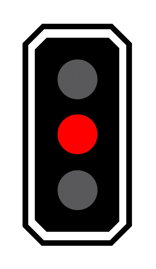 Schwarz-weißer Ampel mit drei leuchtenden roten Lichtern.