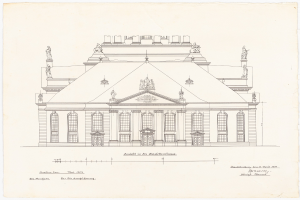 Ein detailliertes Zeichnung des Schlosshof-Gebäudes in Dresden, Deutschland, mit zahlreichen Fenstern und Statuen, auf Papier gezeichnet mit begleitendem Text.