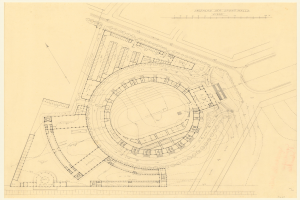 Schwarz-weißes Architekturzeichnung eines Stadiongrundrisses mit umliegenden Gebäuden, einschließlich handschriftlicher Anmerkungen auf dem Papier.