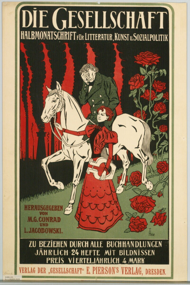 Ein deutsches Propagandaplakat der Gesellschaft, das einen Mann und eine Frau auf einem Pferd zeigt, umgeben von Rosen, mit Text, der Informationen zum Ereignis liefert.