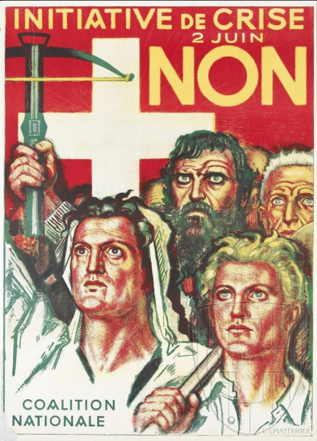 Plakat für die Initiative Coalition Nationale de crise non, das eine Gruppe von Menschen mit Hammer und Sichel zeigt und Informationen über die Organisation und ihre Mission enthält.