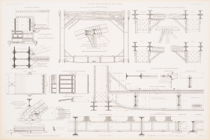Ein detailliertes Bild einer Eisenbahnbrücke in einem Buch, das ihre Bögen, Träger und andere konstruktive Merkmale zeigt, mit begleitendem Text zur Beschreibung ihres Aufbaus.