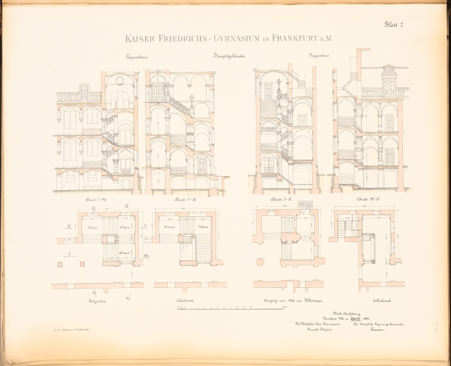 Altes Buchcover mit einem detaillierten architektonischen Entwurf des Kaiser Friedrichs Gymnasiums in Frankfurt, Deutschland, mit sichtbarem Text und Raumbezeichnungen.