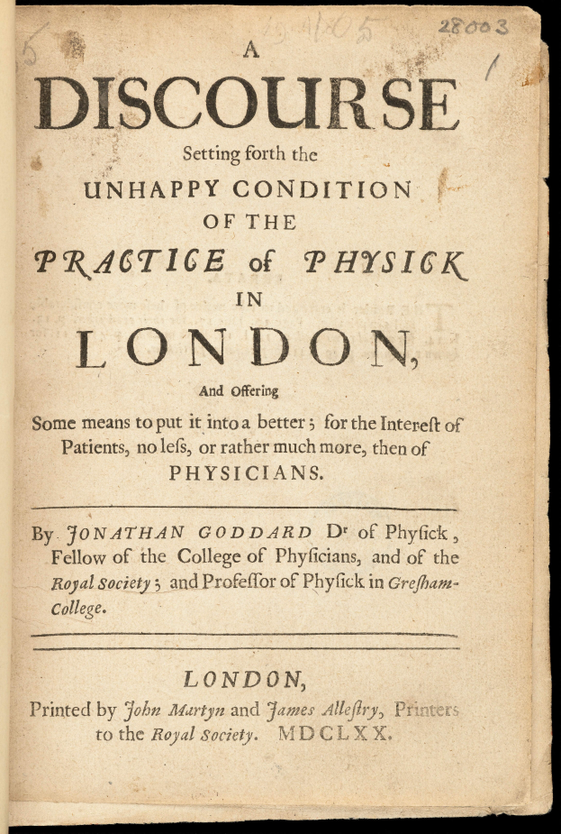 Ein aufgeschlagenes Buch mit dem Titel 'A Discourse Setting For the Unhappy Condition of the Practice of Physick in London' und einer schwarzen Textseite.