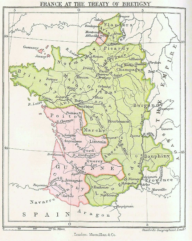 Detailierte Karte von Frankreich aus dem Vertrag von Brétigny, die Provinzen und Städte zeigt, mit begleitendem Text auf dem Papier.