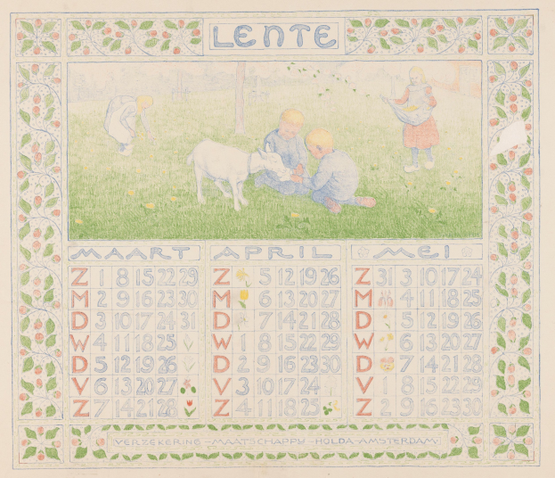 Ein Kalenderbild mit Kindern, die mit einer Ziege auf einer grünen Wiese spielen, mit Text und Zahlen im Bild.