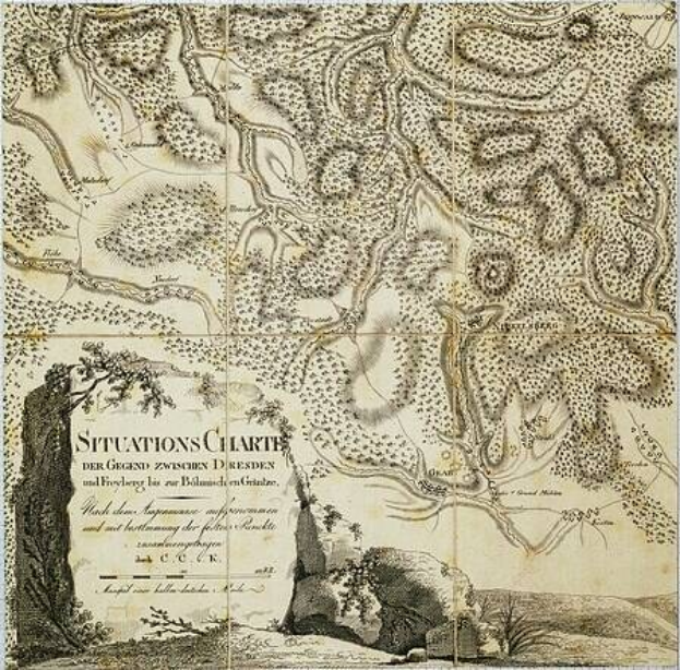 Alte Karte von London, England, mit Text zur Lagebeschreibung, überlagert mit einer Grafik der Route zwischen Dresden und Freiburg, gedruckt auf Papier.