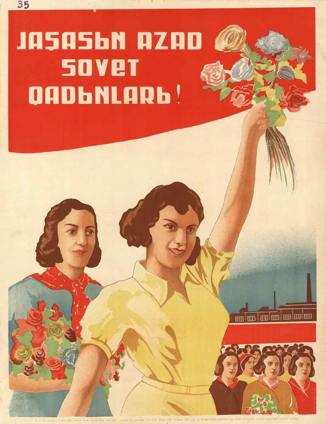 Sowjetisches Propagandaplakat zum Frauentag, das eine Frau mit Blumen in der Hand zeigt, umgeben von einer Menge und einem Gebäude im Hintergrund.