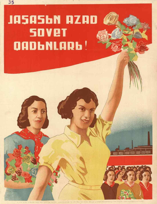 Sowjetisches Propagandaplakat zum Frauentag, das eine Frau mit Blumen in der Hand zeigt, umgeben von einer Menge und einem Gebäude im Hintergrund.