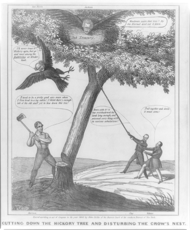 Eine Zeichnung eines Baums mit einem Vogel auf seinen Zweigen und zwei Menschen auf dem Boden, einer hält ein Objekt, mit dem Text "Fällung des Hickorybaums und Störung des Krähennests".