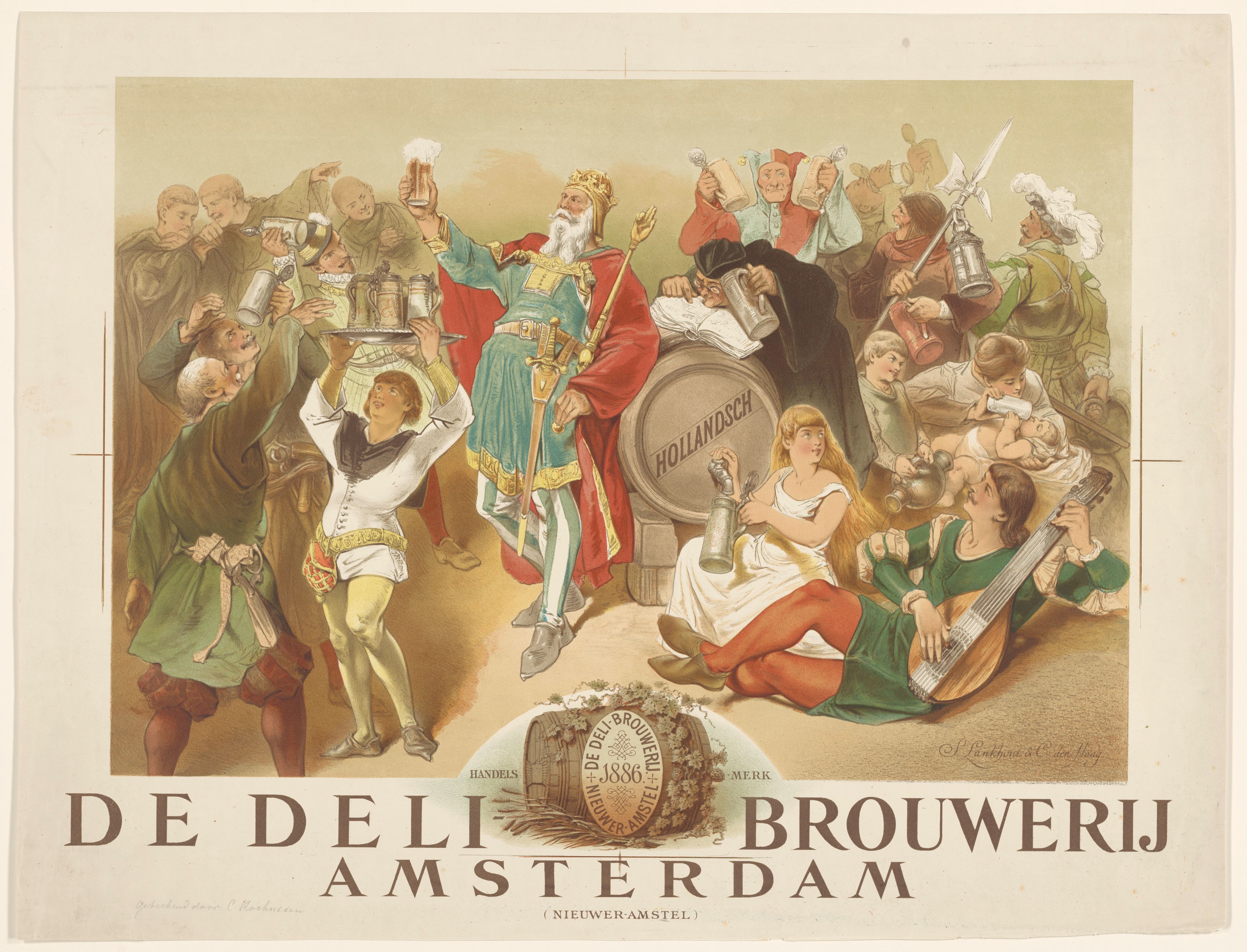 Ein Plakat, das Bier in Amsterdam bewirbt und eine Gruppe von Menschen zeigt, von denen einige Gläser und andere Gegenstände halten, sowie Text und ein Logo.