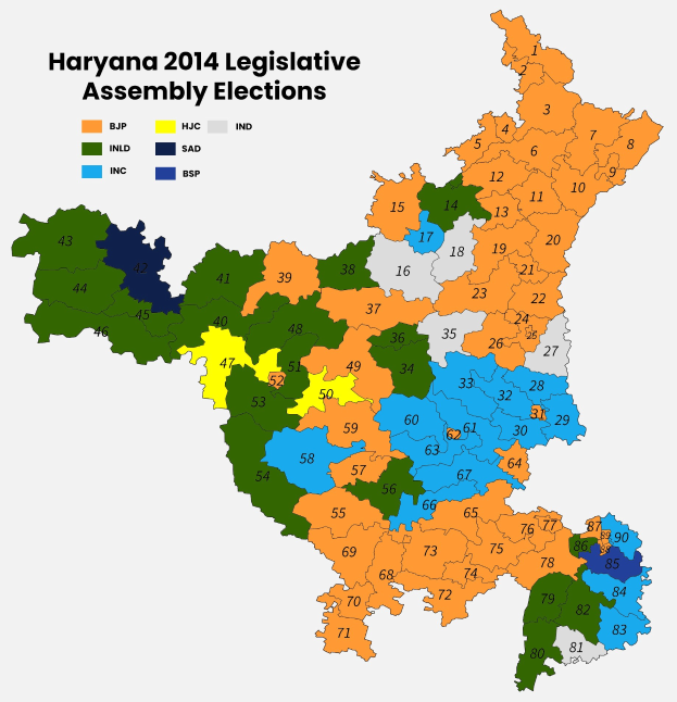 Eine 2014-Karte der Ergebnisse der Landtagswahl in Haryana, farblich nach Wahlkreisen unterteilt mit textuellen Anmerkungen zu den Ergebnissen.