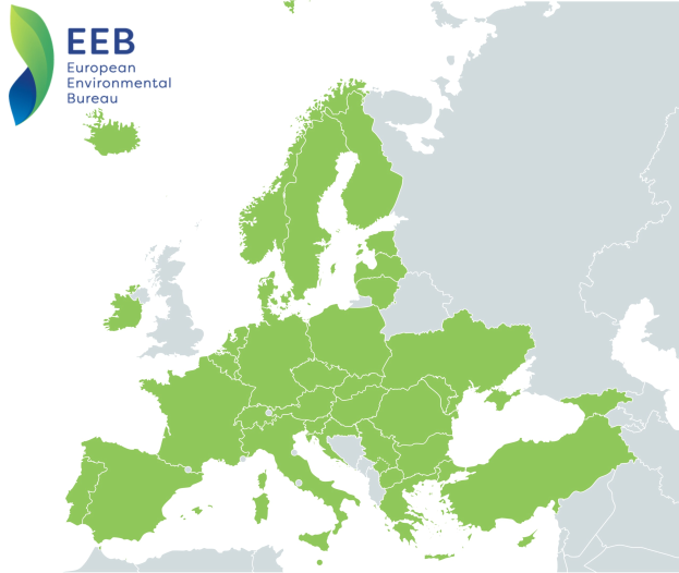 Karte von Europa mit dem Logo des European Environmental Bureau in der linken oberen Ecke, schattiert in verschiedenen Grüntönen, um EU-Regionen anzuzeigen.