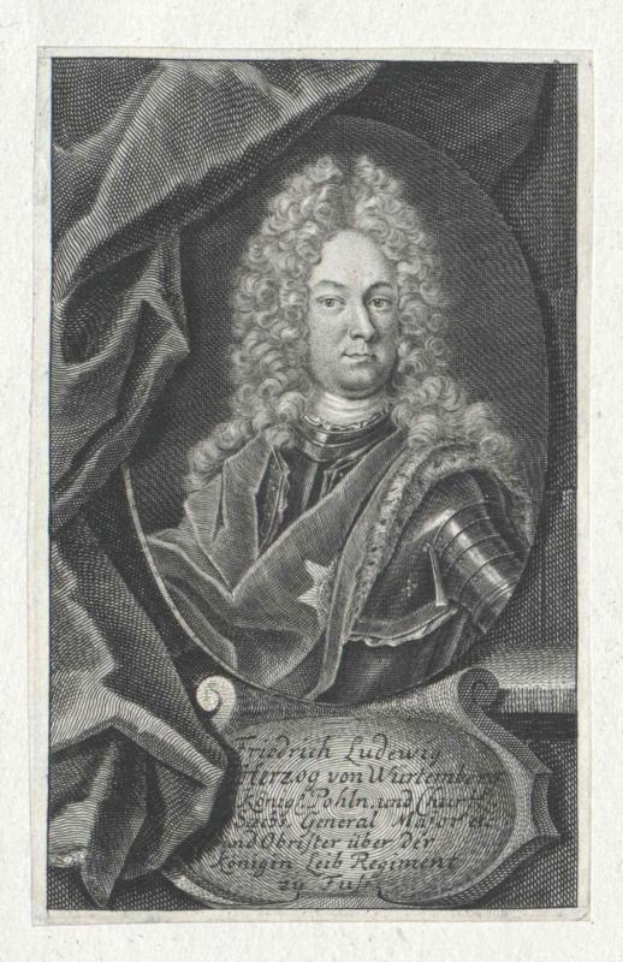 Ein schwarz-weißes Kupferstichbild eines ernsthaft dreinblickenden Mannes mit langen Locken, identifiziert als Ludwig von Würzburg, der eine Rüstung trägt und in deutscher Sprache beschriftet ist.