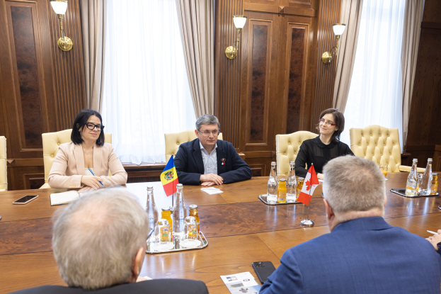 Eine Gruppe von Menschen sitzt um einen hölzernen Tisch in einem formellen Setting und ist in eine Diskussion mit EU-bezogenen Materialien auf dem Tisch vertieft.