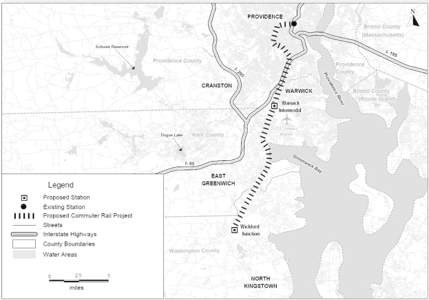 Schwarze und weiße Stadtkarte mit einem Fluss, beschriftet mit "Vorgeschlagenes S-Bahn-Projekt" auf der linken Seite, zeigt Straßen, Autobahnen und andere Merkmale.