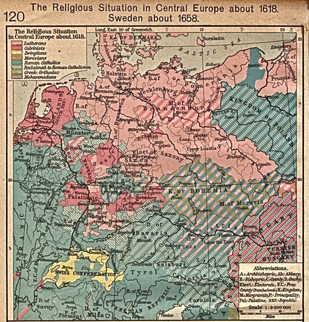 Eine historische Landkarte von Mitteleuropa aus dem Jahr 1618, die das religiöse Landschaftsbild der Region detailliert abbildet.