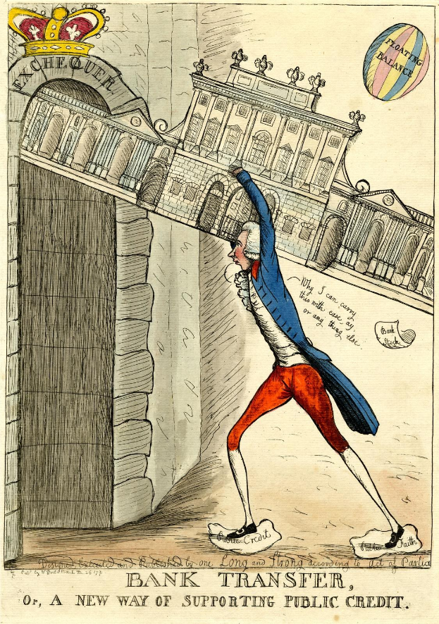 Cartoon eines Mannes in blauer Jacke und roten Hosen mit Krone, der vor einem Gebäude steht, mit Text unten: "Banküberweisung, oder, eine neue Art der öffentlichen Kreditunterstützung."