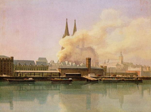 Gemälde, das eine 19. Jahrhundert-Köln-Stadtansicht mit Booten, Gebäuden, Rauch und Himmel zeigt, mit der Inschrift "Cologne, Germany in the 19th century" unten.