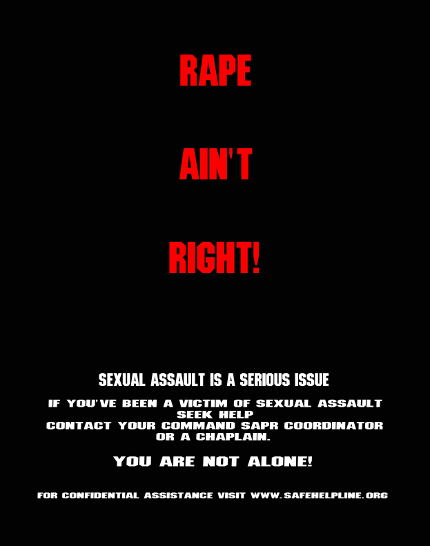 Ein Plakat mit fetter, schwarzer Schrift auf einem weißen Hintergrund, das "Rape Ain't Right: Sexual Assault is a Serious Issue" trägt, eingerahmt von einem schwarzen Rand.